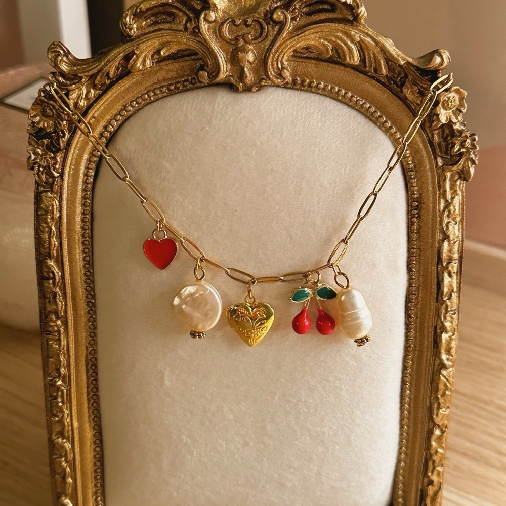 18k Gold Plated Charm Necklace with Red Cherry, Heart Locket and Pearl Accents